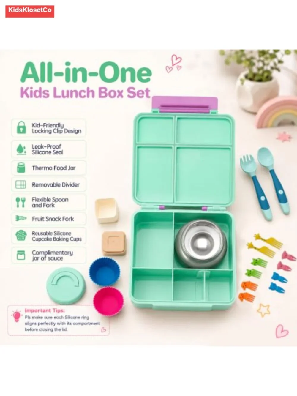 Kids Bento Lunch Box with Thermos, Leak Proof, BPA-Free, 4 Compartments,